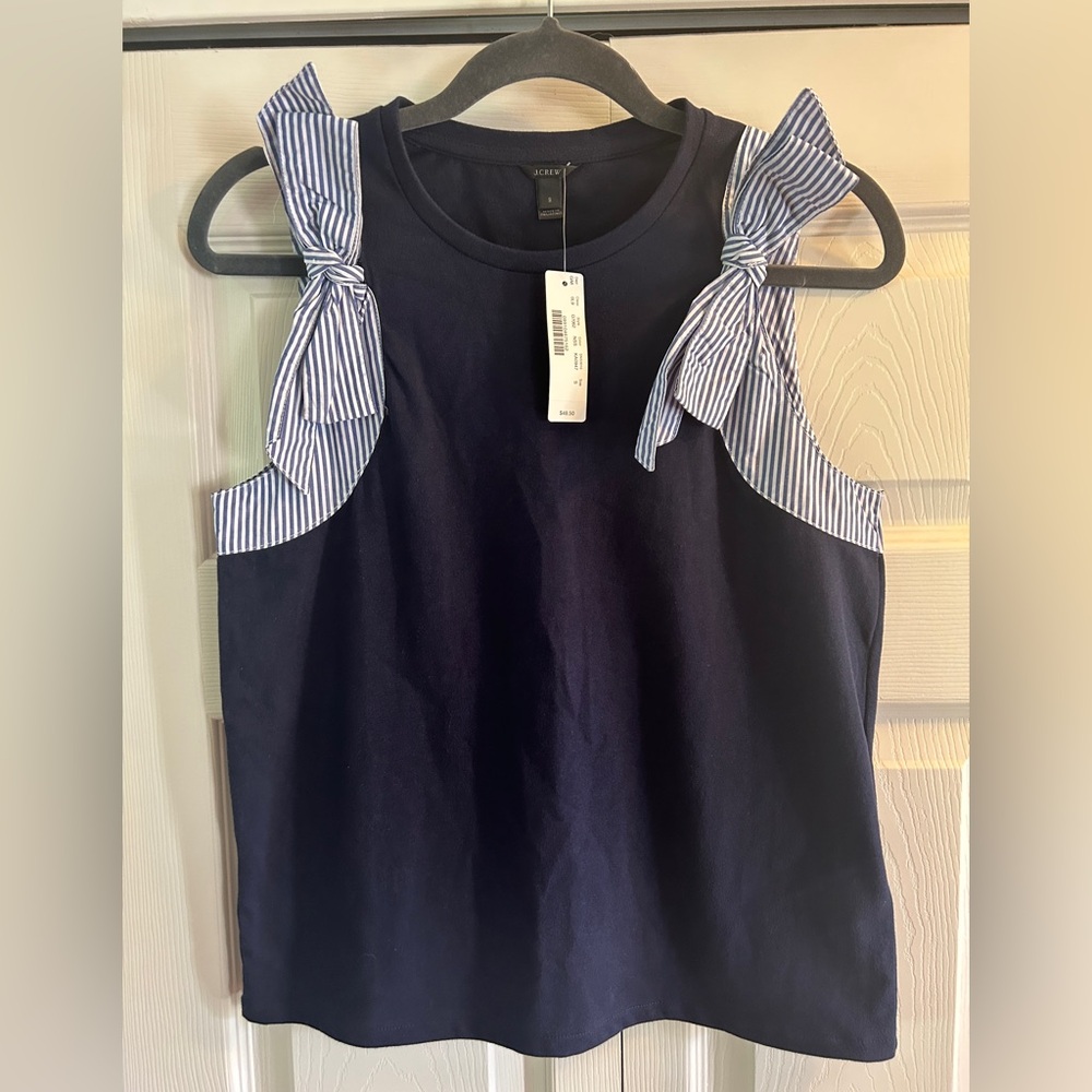 J. Crew Navy Shell Top with Blue & White Striped Bow Shoulders